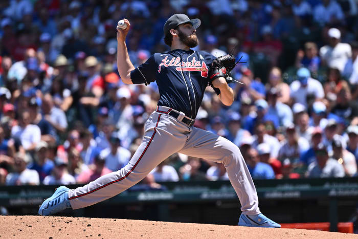 CHICAGO, IL - JUNE 19: Ian Anderson #36 of the Atlanta Braves pitches in the first inning against the Chicago Cubs at Wrigley Field on June 19, 2022 in Chicago, Illinois. (Photo by Jamie Sabau/Getty Images)